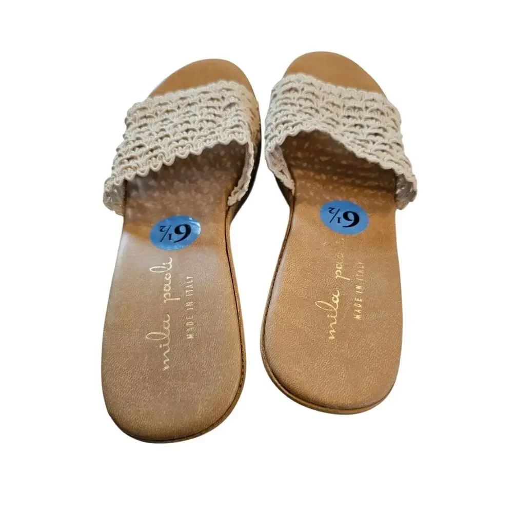 Mila Paoli Cream Colored Woven Rafia Classic Wooden Style Wedge Heel Sandal